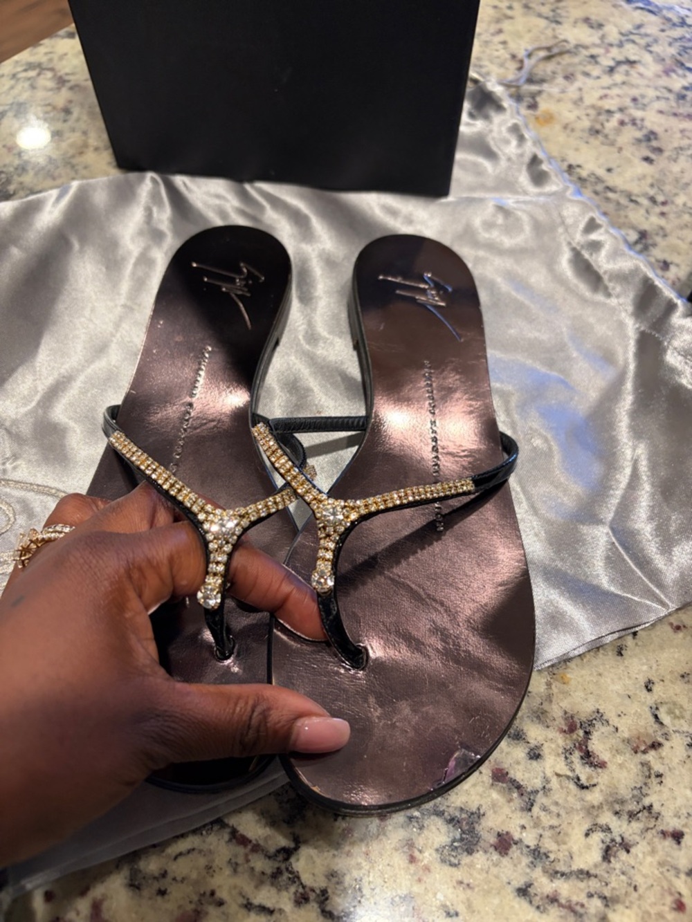 Giuseppe Zanotti Black Thong Sandals with Gold Crystal Straps